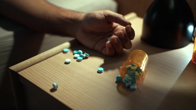 Depressed man sitting on bed holding sleeping pills and medication bottles. Medication overdose risk, mental health crisis, emotional stress and healthcare concept.

