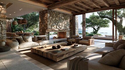 Fototapeta premium cozy mediterranean living room with natural stone and wood, rustic modern mediterranean interior design, warm mediterranean lounge with stone walls and wood accents