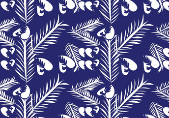 Fototapeta premium Seamless tropical pattern with stylized palm leaves and botanical elements in a high-contrast monochrome palette. Designed for textile printing, fashion applications, surface design.