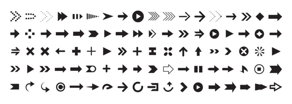Large set of black arrow icons for web navigation and digital interface design usage