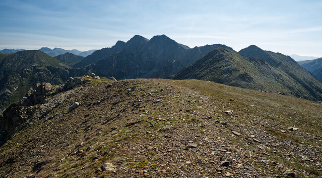 View from Coll dels Isards mountain pass in Pyrenees mountains in France near borders with Andorra