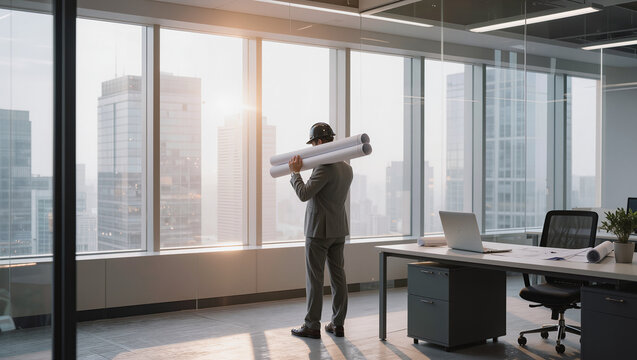 Architect with blueprints overlooking city skyline from modern office