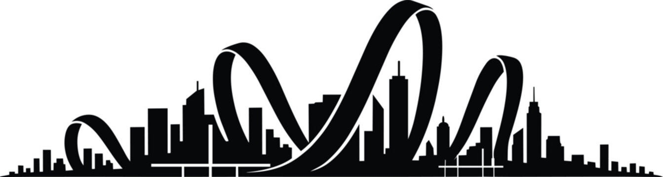 Cityscape silhouette with roller coaster tracks forming abstract shapes in the sky and theme park, and modern city and black and white in outline styl
