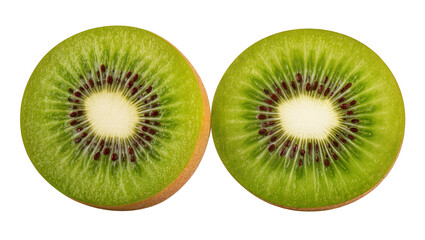 Fototapeta premium Two kiwi fruit halves showing green flesh and black seeds