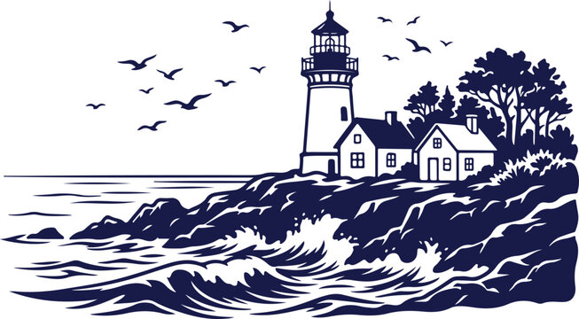 Lighthouse on coastal cliffs with crashing waves and flock of birds soaring in sky, dramatic seascape.