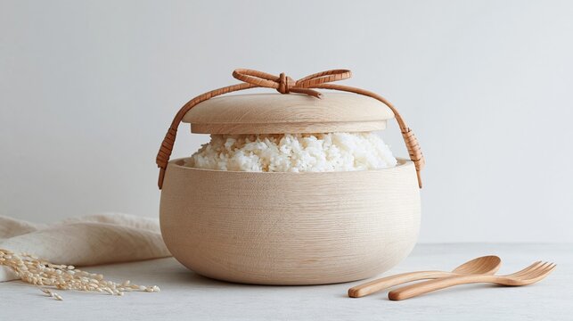 リボンで飾られた木製容器の中の白米。木製のカトラリーが添えられたミニマルな食事の風景。特別な日の和食