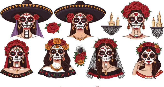 Day of the Dead Woman Collection with Sugar Skull Makeup Roses Candles and Traditional Dia de los Muertos Vector Illustration Set