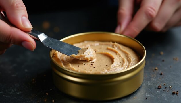 Person uses knife to scoop spread from golden tin. Close up of hands and creamy paste with tiny dark specks. Dark background, textured surface.