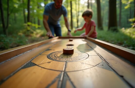 Father and son play tabletop shuffleboard in forest. Family fun outdoor recreation. Man and kid compete in tabletop game amidst green trees. Leisure activity.