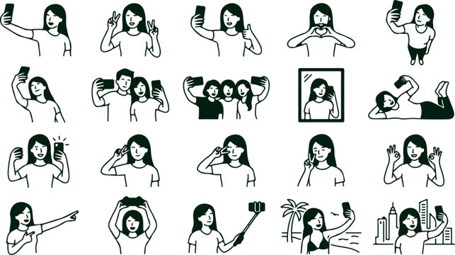 Diverse group of people taking selfies together and alone with phones and selfie sticks in various poses and locations vector.