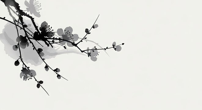 Traditional ink painting of cherry blossom branches on white background