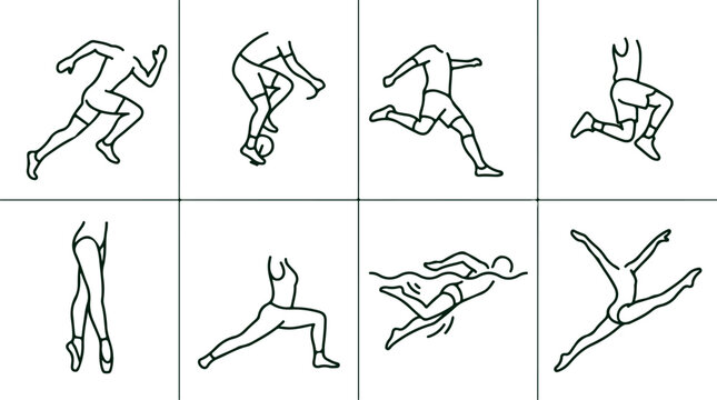 Dynamic line art illustrations of athletes in motion depicting soccer players and dancers in various athletic poses.