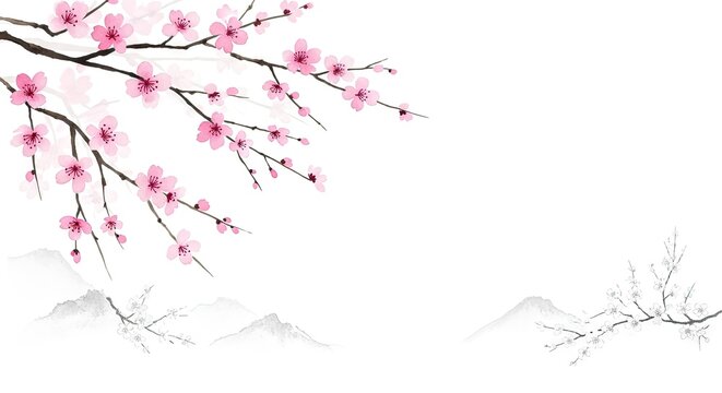 Traditional ink painting of pink cherry blossoms and distant mountains