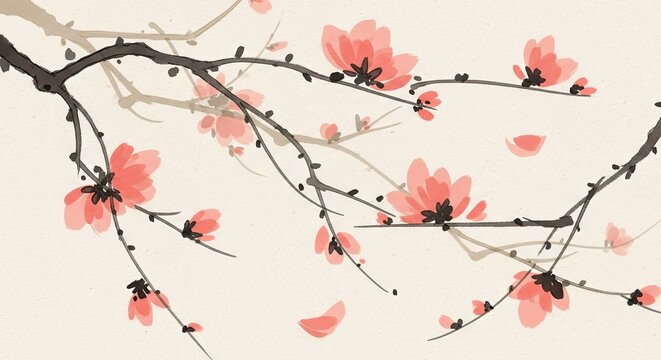 Traditional ink painting of pink cherry blossoms on textured paper