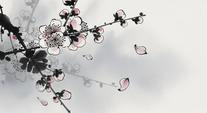 Traditional ink painting of pink cherry blossoms with falling petals