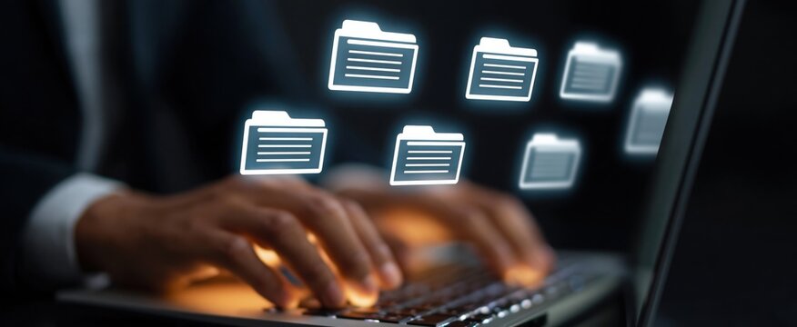 Corporate digital filing system. Folder and file symbols. Legal records storage and access services. Professional working on desktop computer managing document revisions.