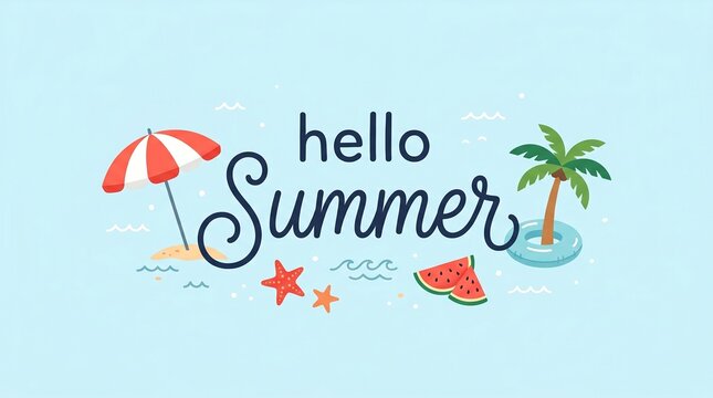 Hello summer hand lettered beach vacation concept illustration with vacation
