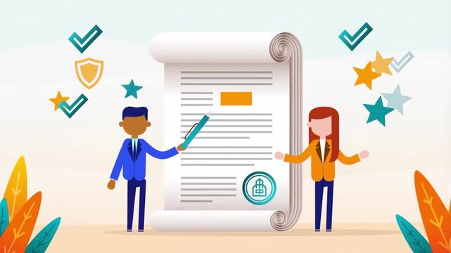 Business people signing an official document or contract with approval icons. Agreement and certification concept. Legal document and validation. Flat animated illustration