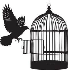 Fototapeta premium Black bird with wings spread flying out of an open wire cage open cage wire bars