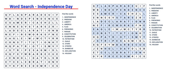 Word search puzzle with highlighted answers for Independence Day on transparent background.  Educational game for kids and adults   © Aira