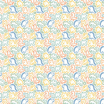 Patr&oacute;n continuo infantil con garabatos de animales de colores dibujados a mano sobre fondo blanco