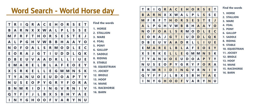 Word search puzzle with highlighted answers for World Horse Day.  Printable educational logic game