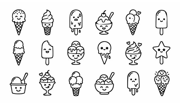 Hand drawn ice cream doodle outline icon set with minimal line art dessert symbols vector illustration isolated on white background