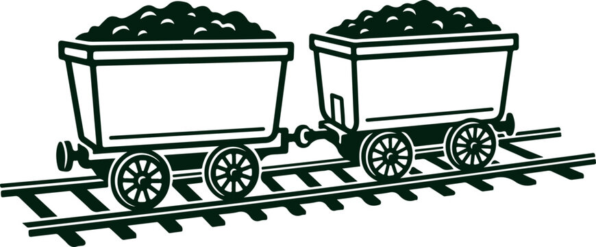 Two vintage mine carts filled with coal on railroad tracks, detailed illustration of mining equipment and industrial transport for minerals extraction.