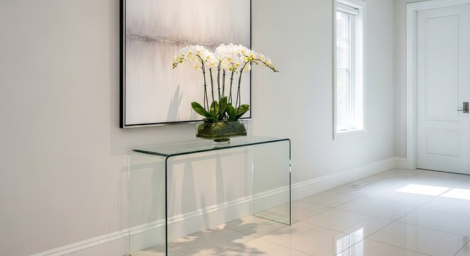 White orchid on glass console table in bright modern hallway