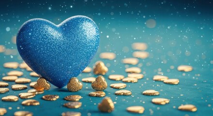 Fototapeta premium A blue heart surrounded by gold coins on a blue background illustration