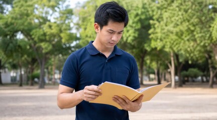 Fototapeta premium Focused Asian Man Reviewing Documents in a Public Park