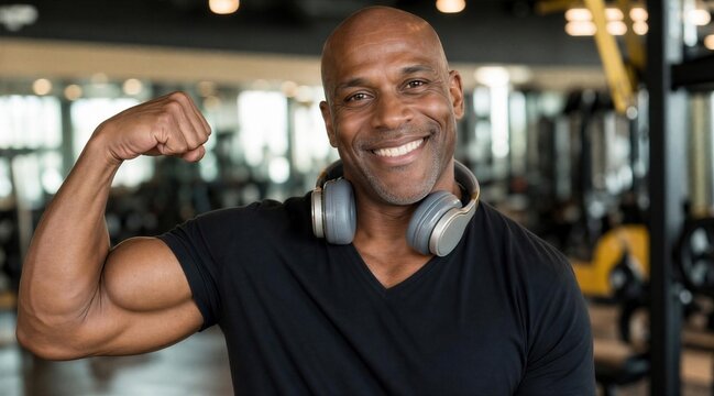 Smiling Mature Black Man Flexing Bicep in Gym with Headphones