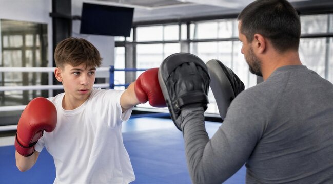 Teenage Boy Boxing Training with Personal Coach in Gym