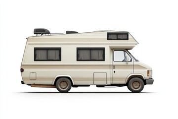 Naklejka premium Classic camper van parked on a white background during daytime hours in a bright setting