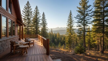 Fototapeta premium Cozy wooden mountain cabin with a porch overlooking a lush pine forest and distant hills, representing an outdoor spaces and peaceful retreat concept at sunset