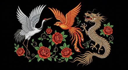 Obraz premium Mythical creatures dance amidst roses