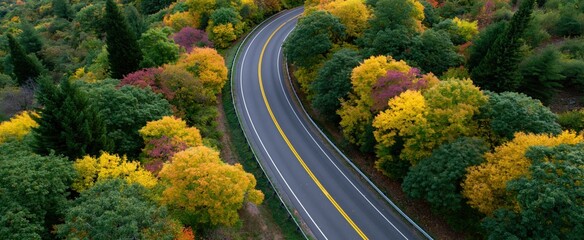 Fototapeta premium Aerial view of a winding highway surrounded by vibrant autumn trees and colorful fall foliage.