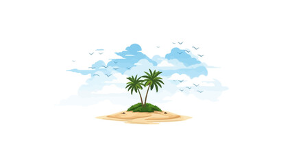 Obraz premium Tropical Island with Palm Trees and Clouds on White Background