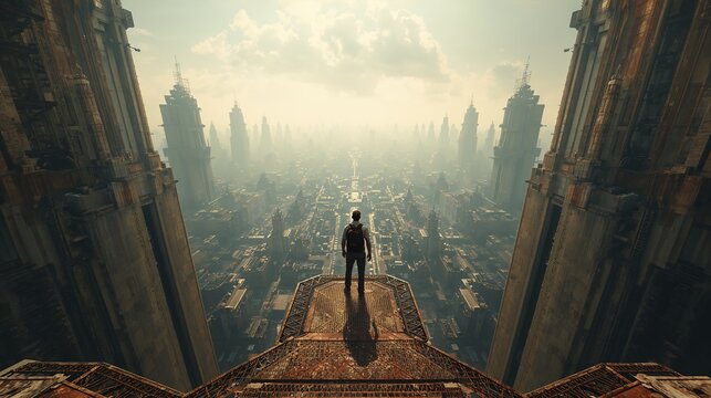 Epic cinematic view of a man standing on a high platform overlooking a massive open-scale dystopian megacity