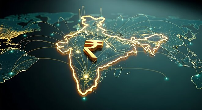 Illuminated map of India with financial symbol, connected by glowing lines