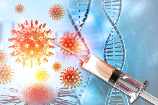 Professional 3D medical illustration of a syringe needle injecting a vaccine into infectious virus cells.