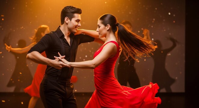 Dancing couple in red dress performing tango on stage