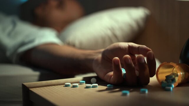 Depressed man sitting on bed holding sleeping pills and medication bottles. Medication overdose risk, mental health crisis, emotional stress and healthcare concept.
