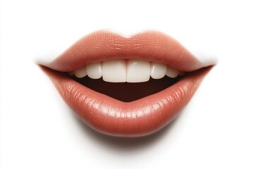 Fototapeta premium Close-up of lips showing smile and teeth with neutral background in bright light