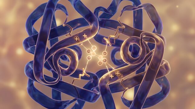 Protein structure with ribbon fold and glowing ionic bond at center showing molecular charge interaction