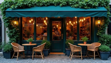 Fototapeta premium Outdoor cafe with wicker chairs and tables by green awning. People inside dine and chat, lit by warm lamps. Rich plants surround cozy street seating area. Evening ambiance.