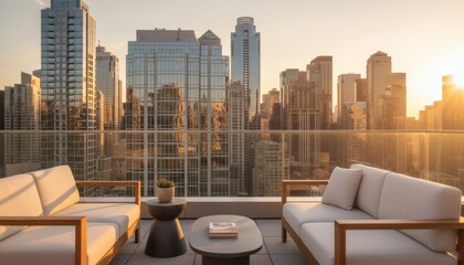 Obraz premium Modern luxury rooftop terrace with city view at sunset, featuring comfortable lounge sofas and stylish furniture for upscale urban outdoor spaces design concept