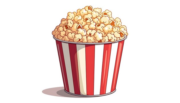 A large bucket of freshly popped popcorn in a red and white striped container