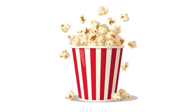 A red and white striped popcorn bucket overflowing with freshly popped popcorn