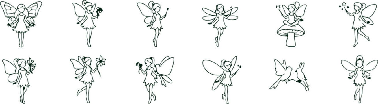 Enchanting collection of fairy illustrations in line art style, featuring whimsical fairy characters in various poses and actions.